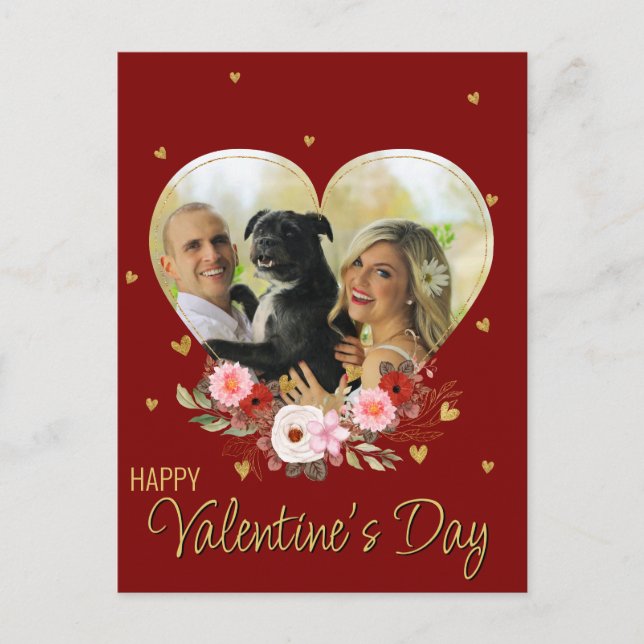 Photo Valentines Day Heart Gold Glitter Hearts Red Holiday Postcard (Front)