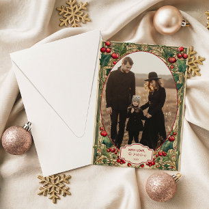 Photo Victorian Holly & Berry Christmas Holiday Card