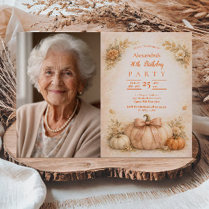 Photo Vintage Autumn Pumpkin 90th Birthday Invitation
