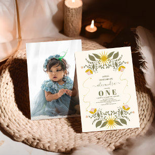 Photo Vintage Celestial Botanical 1st Birthday Invitation