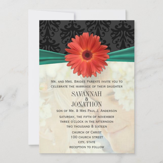 Photo Vintage Damask Emerald Gerber Daisy Wedding Invitation (Front)