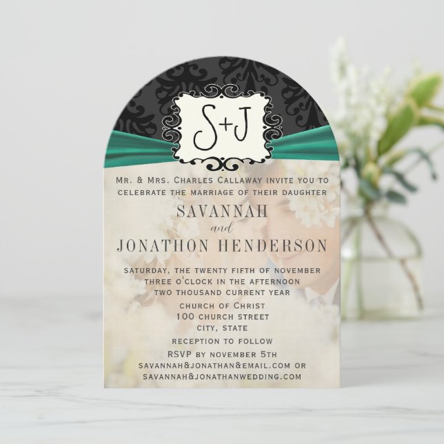 Photo Vintage Damask Emerald Green Black Wedding Invitation (Standing Front)