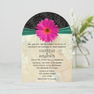 Photo Vintage Damask Emerald Pink Gerber Wedding Invitation
