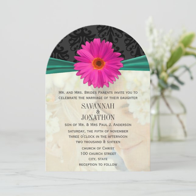 Photo Vintage Damask Emerald Pink Gerber Wedding Invitation (Standing Front)