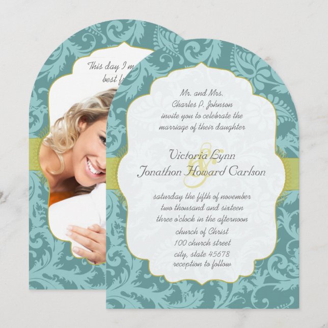 Photo Vintage Love Bird Damask Wedding Invite (Front/Back)