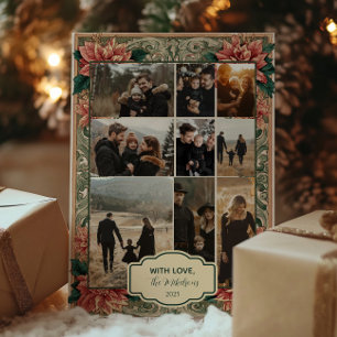 Photo Vintage Poinsettia Scrollwork Holiday Card