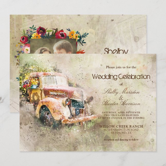 Photo Vintage Rustic Old Truck Trendy Wedding Invitation (Front/Back)