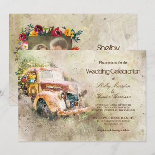 Photo Vintage Rustic Old Truck Trendy Wedding Invitation