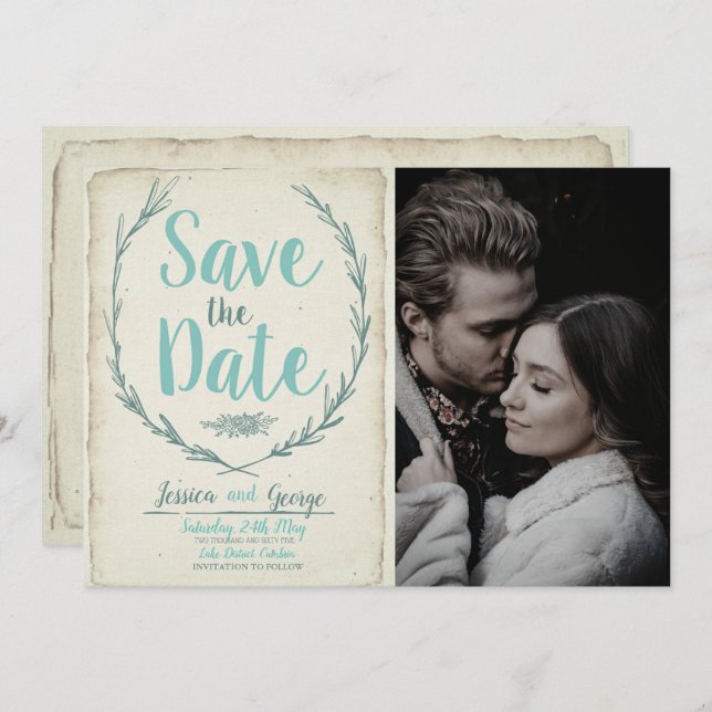 Photo Vintage rustic wreath Wedding Save the date (Front/Back)