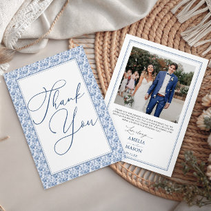 Photo Vintage Victorian Toile Blue Floral Wedding Thank You Card