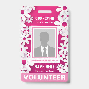 Photo Volunteer Cheerful Happy White Daisies Pink ID Badge