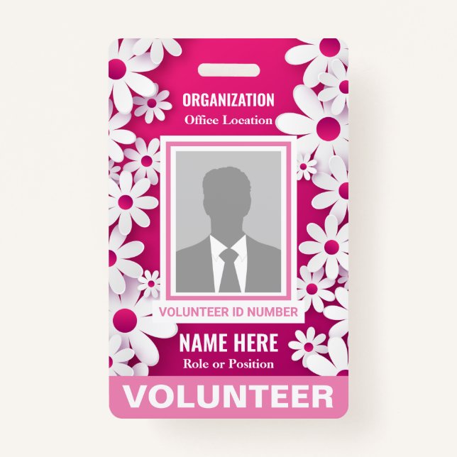 Photo Volunteer Cheerful Happy White Daisies Pink ID Badge (Front)