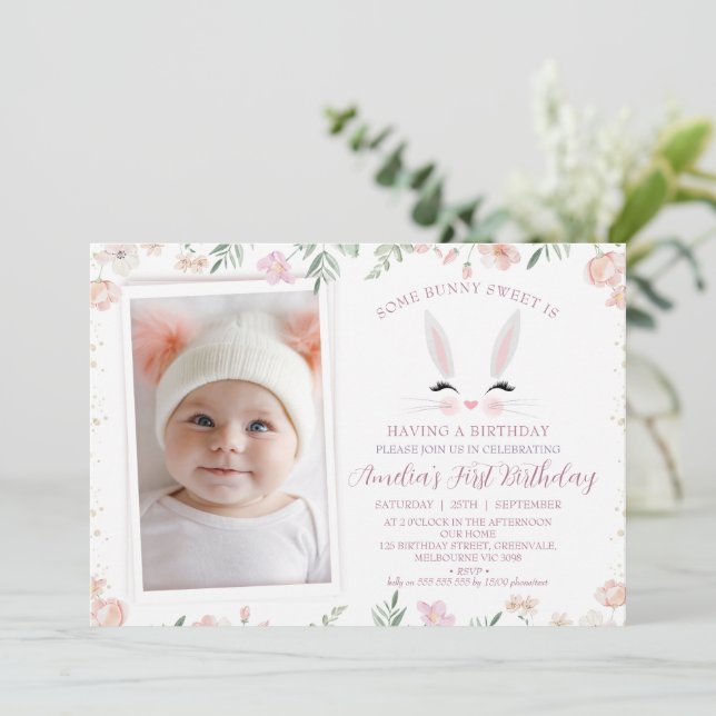 Photo Warm Wildflowers Some bunny 1st Birthday  Invitation (Standing Front)