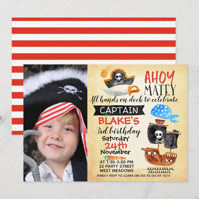 Photo Watercolor Ahoy Pirate Birthday Invitation (Front/Back)