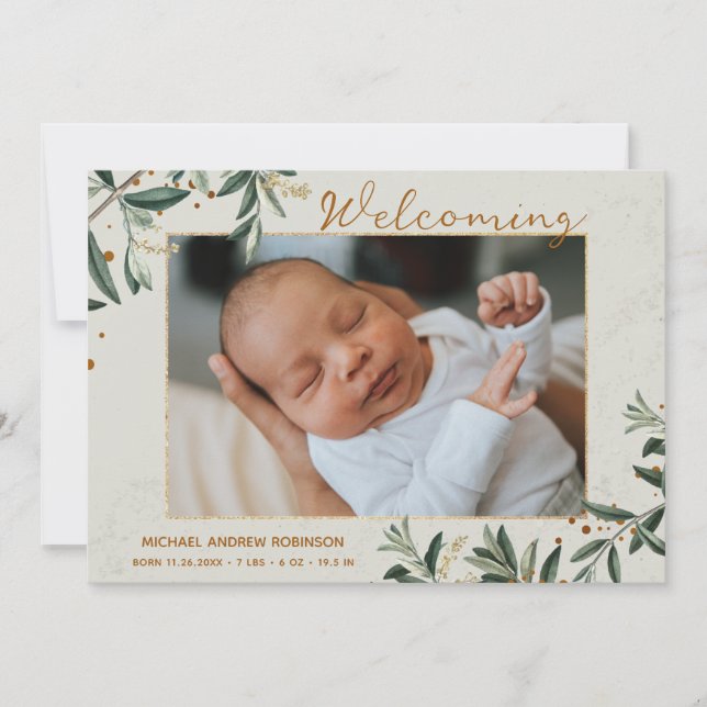 Photo Watercolor Botanical Collage 4 Photos Birth Announcement (Front)