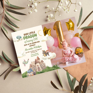 Photo Watercolor Dragon Baby 1st Birthday Invitation