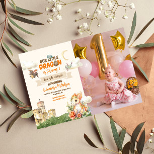 Photo Watercolor Dragon Baby 1st Birthday Invitation