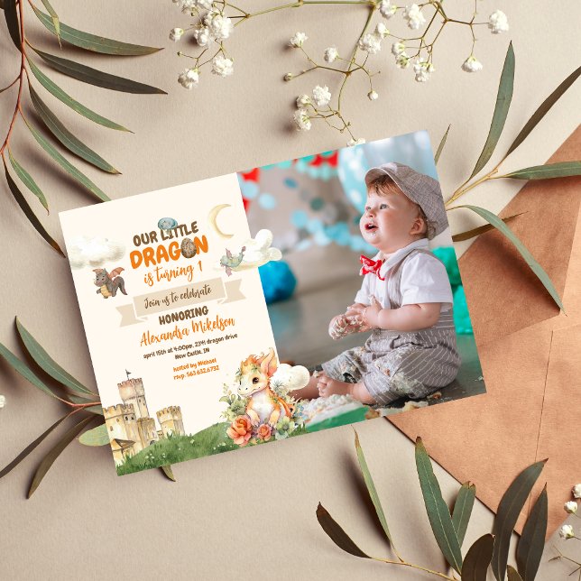 Photo Watercolor Dragon Baby 1st Birthday Invitation (Creator Uploaded)