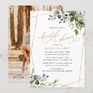 Photo Watercolor Greenery Gold Bridal Shower Invitation