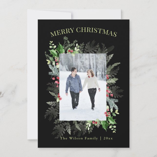 Photo Watercolor Greenery Merry Christmas Holiday Card (Front)