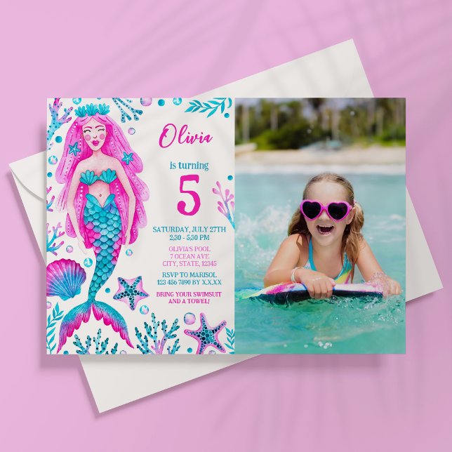 Photo Watercolor Mermaid Girl Birthday Pool Party Invitation (Photo Watercolor Mermaid Girl Birthday Pool Party Invitation)