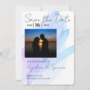 photo watercolor modern purple blue save the date invitation