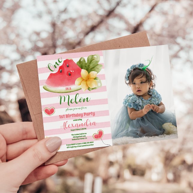  Photo Watercolor One in a Melon First Birthday Invitation (Creator Uploaded)