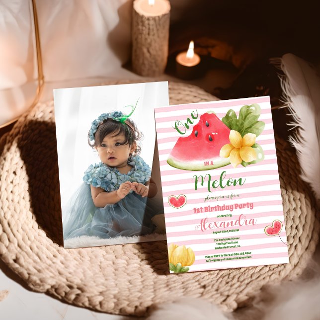  Photo Watercolor One in a Melon First Birthday Invitation (Creator Uploaded)