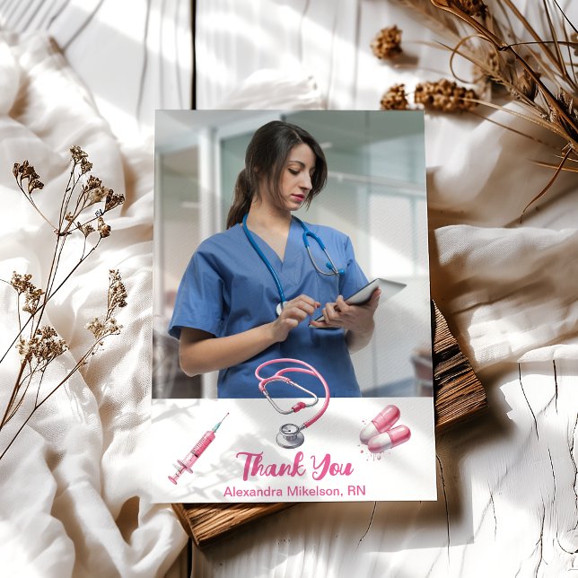 Photo Watercolor Pink Nursing School Graduate  Thank You Card (Creator Uploaded)