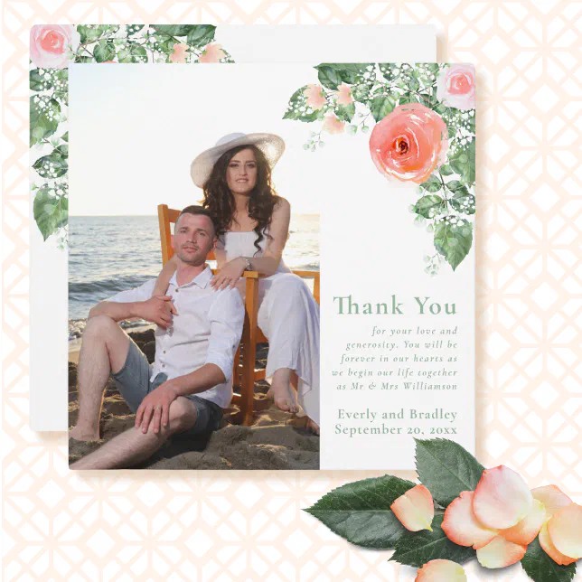 Photo Watercolor Pink Rose Floral Thank You Card | Zazzle