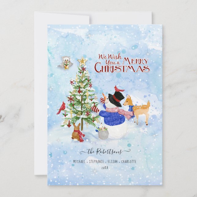 Photo Watercolor Snowman Christmas Tree Deer Bird Holiday Card (Front)