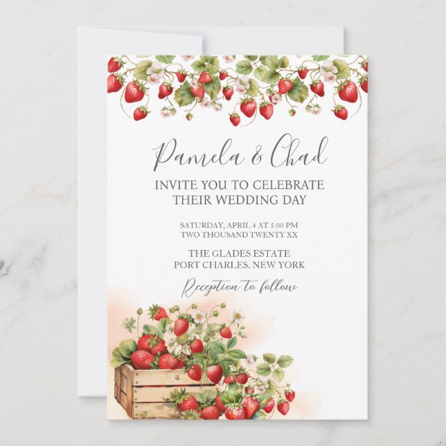 Photo Watercolor Strawberries QR Code Wedding  Invitation (Front)