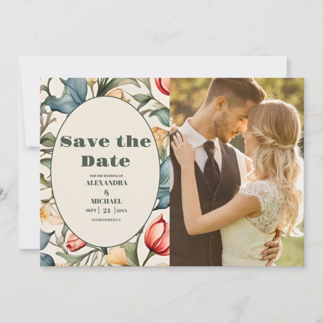 Photo Watercolor Tulips William Morris Wedding Save The Date (Front)