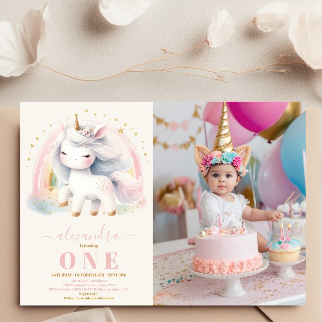 photo Watercolor Unicorn Birthday Invitation 1st (Creator Uploaded)