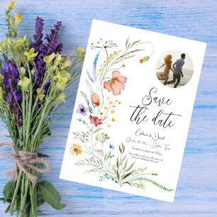 Photo Watercolor Wildflower Elegant Script Wedding Save The Date