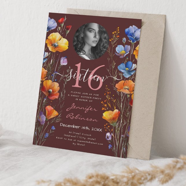 PHOTO Watercolor Wildflowers Sweet 16 Burgundy  Invitation (PHOTO Watercolor Wildflowers Sweet 16 Burgundy Invitation)