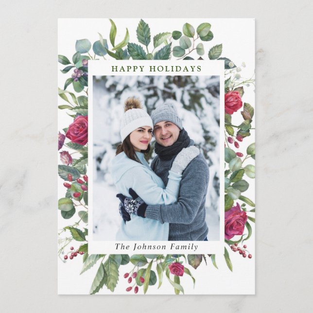 PHOTO Watercolor Winter Roses Flowers Christmas Holiday Card (Front)