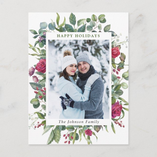 PHOTO Watercolor Winter Roses Flowers Christmas Postcard (Front)