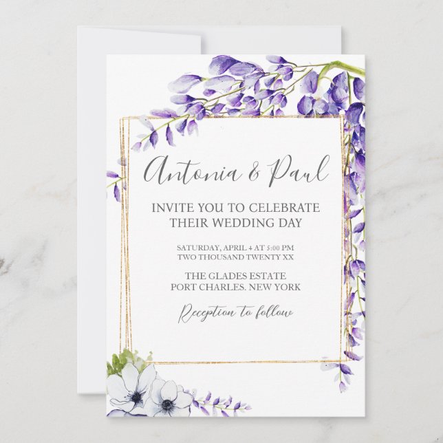  Photo Watercolor Wisteria Blooms QR Code Wedding Invitation (Front)