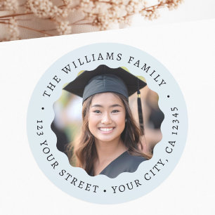 Photo wavy blue border graduation return address classic round sticker