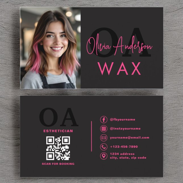 Photo Wax Aesthetician QR Code Hot Pink Black Business Card (Creator Uploaded)