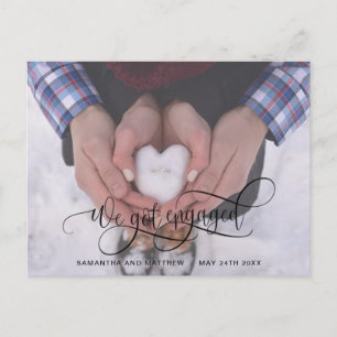 Photo, We Got Engaged Black Calligraphy Engagement Announcement Postcard