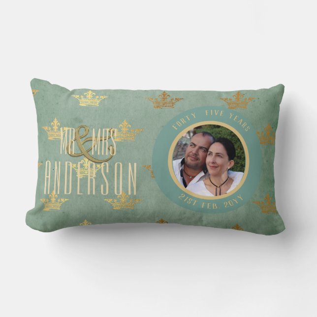 PHOTO Wedding Anniversary ANY Aqua Teal Gold Crown Lumbar Cushion (Front)