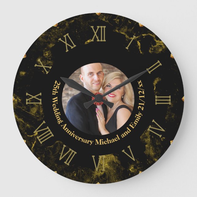PHOTO Wedding Anniversary Black Gold Marble Clock (Front)