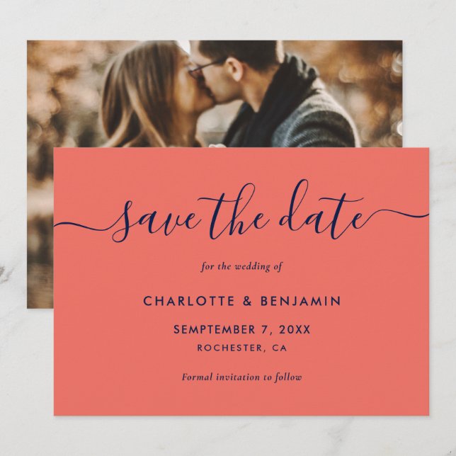 Photo Wedding Elegant Navy Blue and Coral Wedding Announcement (Front/Back)