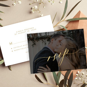 Photo wedding gold calligraphy script modern RSVP card