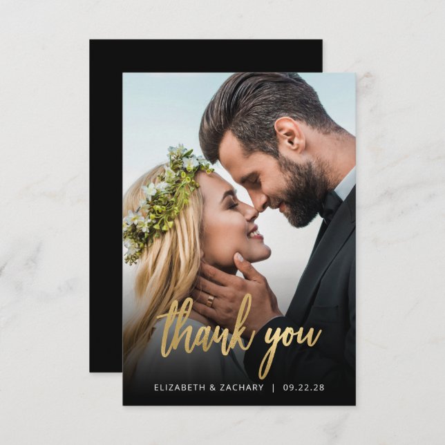 Photo Wedding Gold Script Black Thank You (Front/Back)