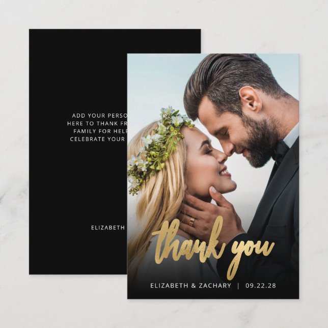 Photo Wedding Gold Script Black Thank You Card (Front/Back)