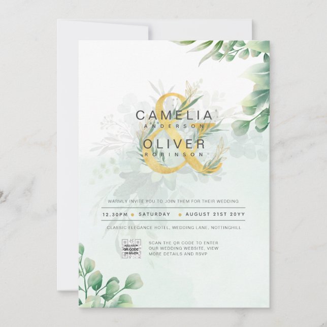 Photo Wedding Invitation Botanical Greenery Gold (Front)