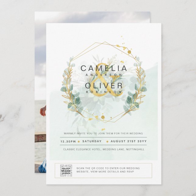Photo Wedding Invitation Botanical Greenery Gold (Front/Back)